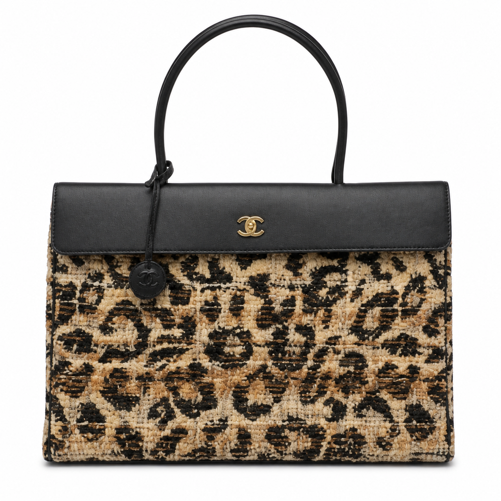 Chanel Large Tote Bag Leopard-Print Tweed & Black Leather Flap | Gold CC Turn-Lock — 43cm