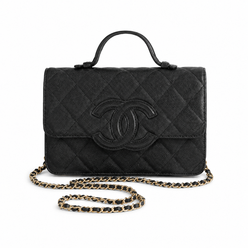 Chanel Black Aged Caviar Quilted Flap Bag | Oversized CC Logo, Top Handle & Gold Chain