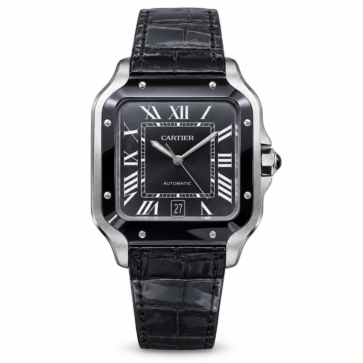 Cartier Santos Automatic Black Ceramic Bezel Leather Strap Watch