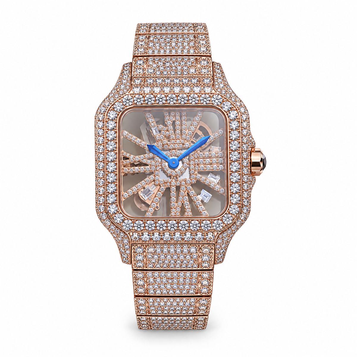 Cartier Santos Full Pavé Diamond Rose Gold Skeleton Dial Iced Out Watch