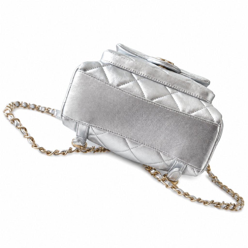 Chanel Metallic Quilted Mini Backpack | Gold Chain Silver Leather — 22cm