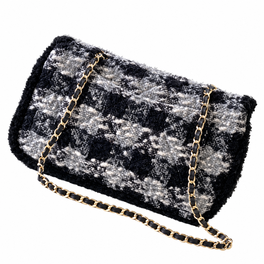 Chanel Houndstooth Tweed Classic Flap Bag Black 21×33×10cm