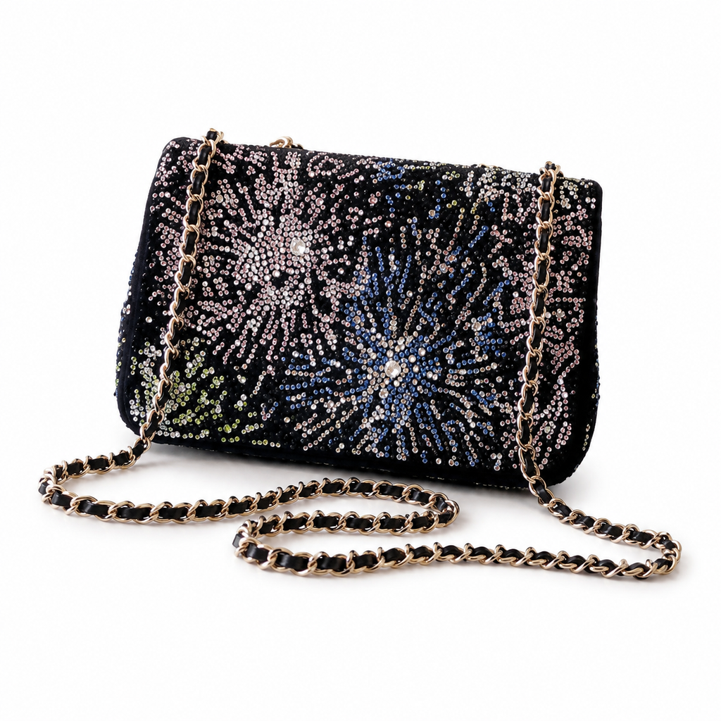 Chanel Black Suede Multicolour Crystal Rhinestone Flap Bag | Star-Field Front, Fireworks Starburst Back & Gold CC