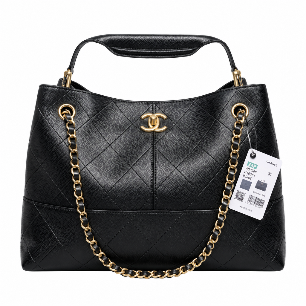 Chanel 24P Quilted Calfskin Hobo Bag Black 24×36×14cm