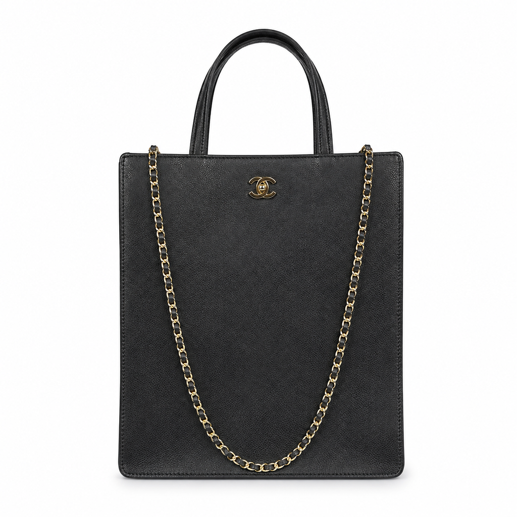 Chanel Black Smooth Leather Large Shopper Tote | Dual Handles & Gold CC Chain