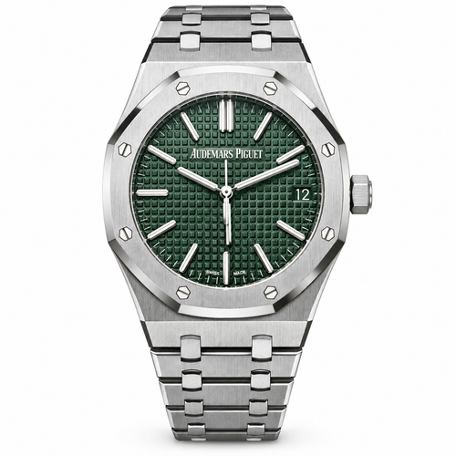 Audemars Piguet Royal Oak Selfwinding 41mm Stainless Steel Forest Green Petite Tapisserie Dial White Gold Indexes Luminescent Hands Date Integrated Bracelet New Generation