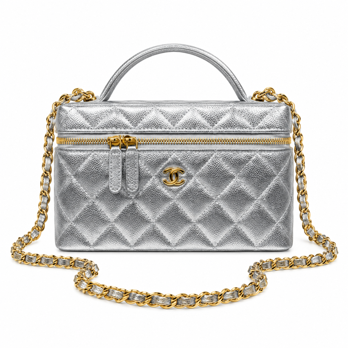 Chanel Quilted Silver Metallic Vanity Case Bag Pearl Chain 19.5cm