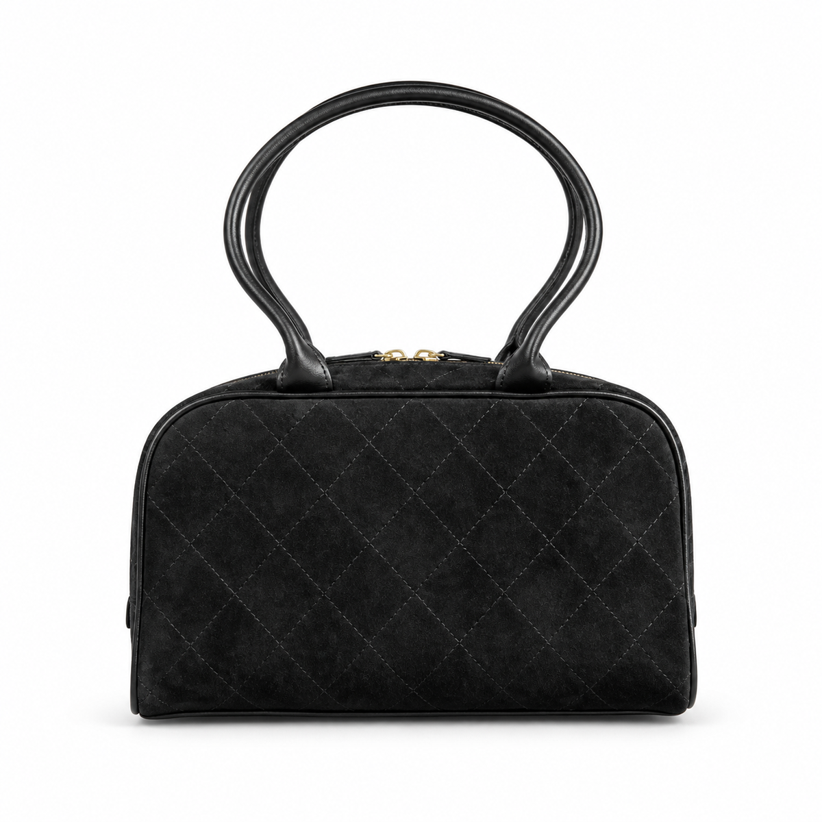 Chanel Bowling Bag Black Diamond-Quilted Suede | Elongated Barrel & Gold Full-Length Zip — 29cm