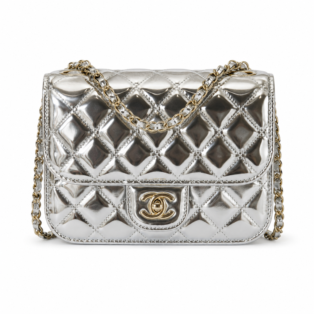 Chanel Mirror Metallic Quilted Flap Bag | CC Turn-Lock Silver Chain — 15x20cm
