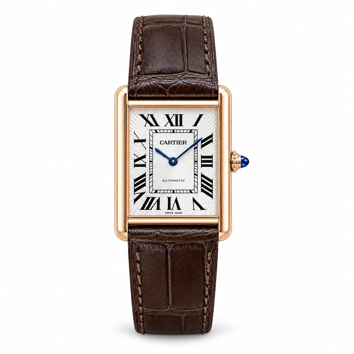 Cartier Tank Louis Cartier Large 18K Rose Gold Silver Guilloché Dial Automatic Blued-Steel Hands Deep Brown Alligator Strap Watch
