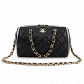 Chanel Quilted Barrel Bag | CC Logo Gold Chain Black White — 11.5x18.5cm