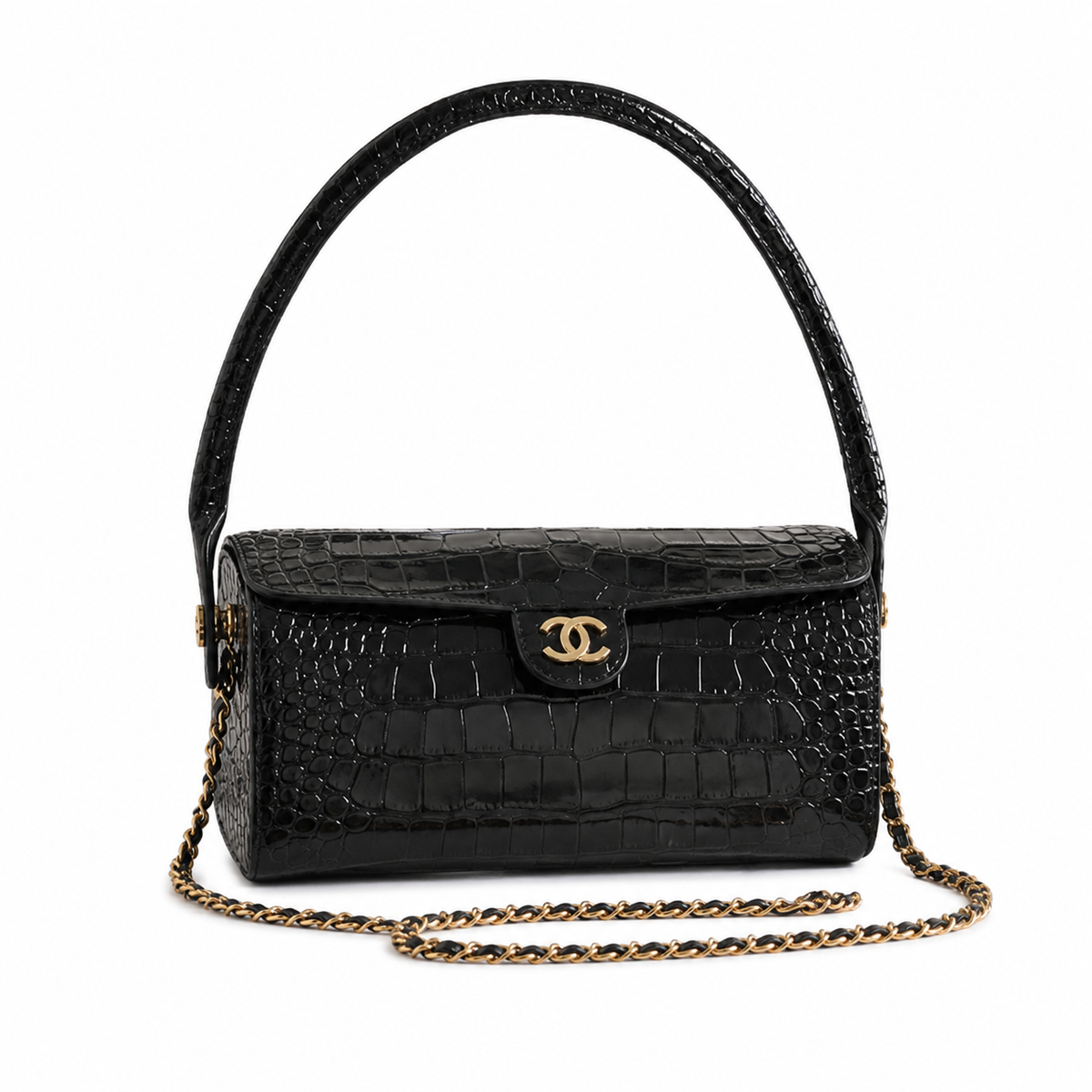 Chanel Black Croc-Embossed Patent Boxy Flap Bag | Arched Handle, Gold Turn-Lock & Chain