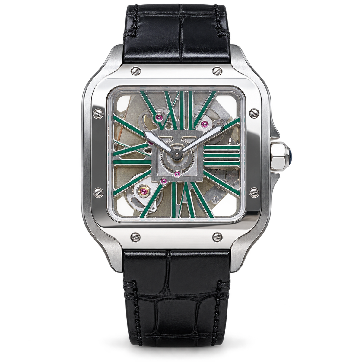 Cartier Santos de Cartier Skeleton Steel Green Roman Numerals Black Leather Strap Watch