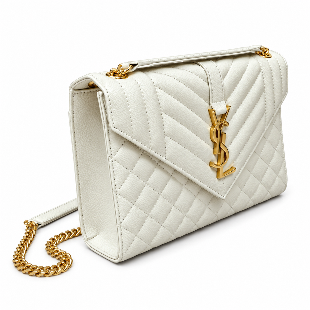 YSL College Quilted Caviar Leather Shoulder Bag White