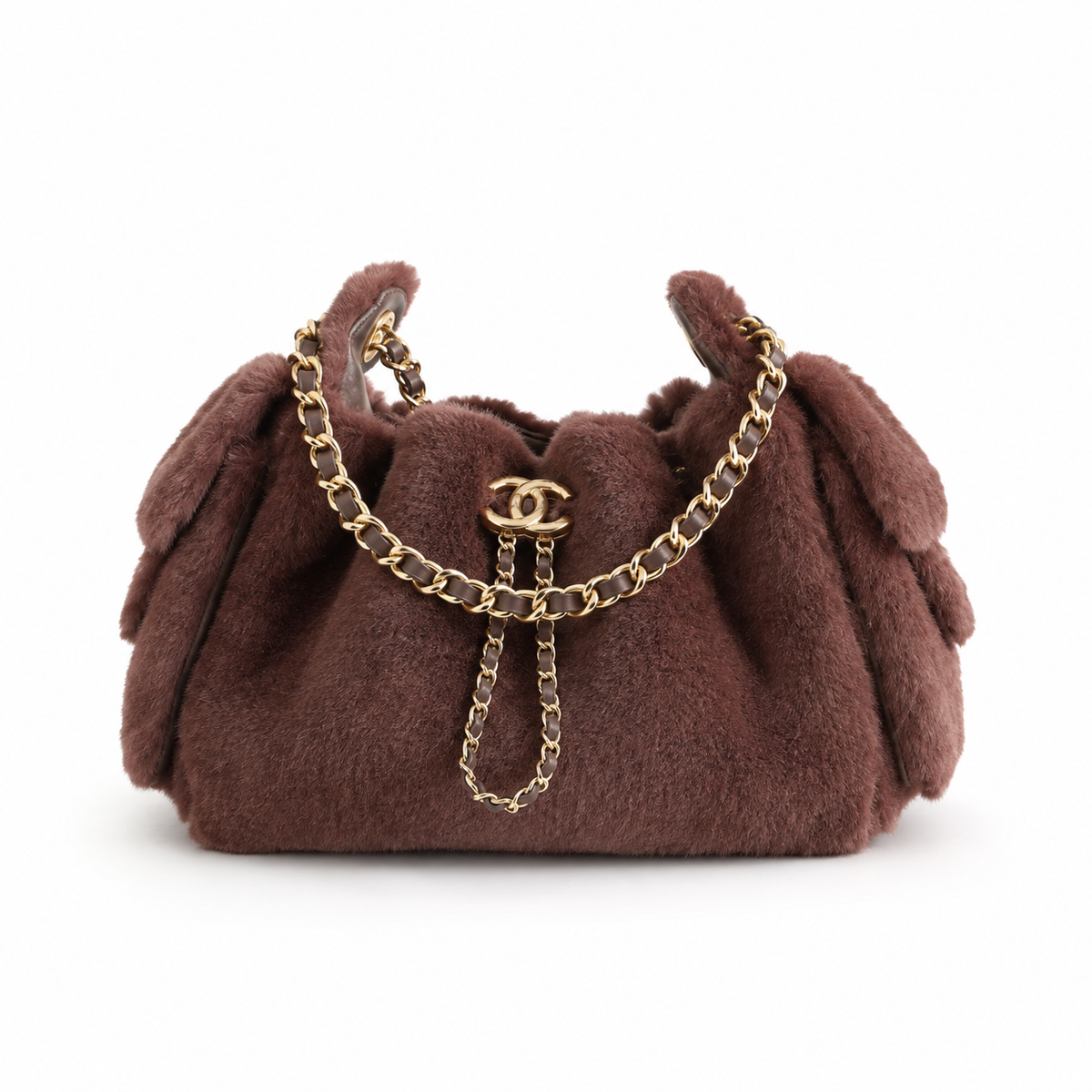 Chanel Chocolate Brown Shearling Shoulder Bag | Gold CC Turn-Lock & Leather-Woven Chain