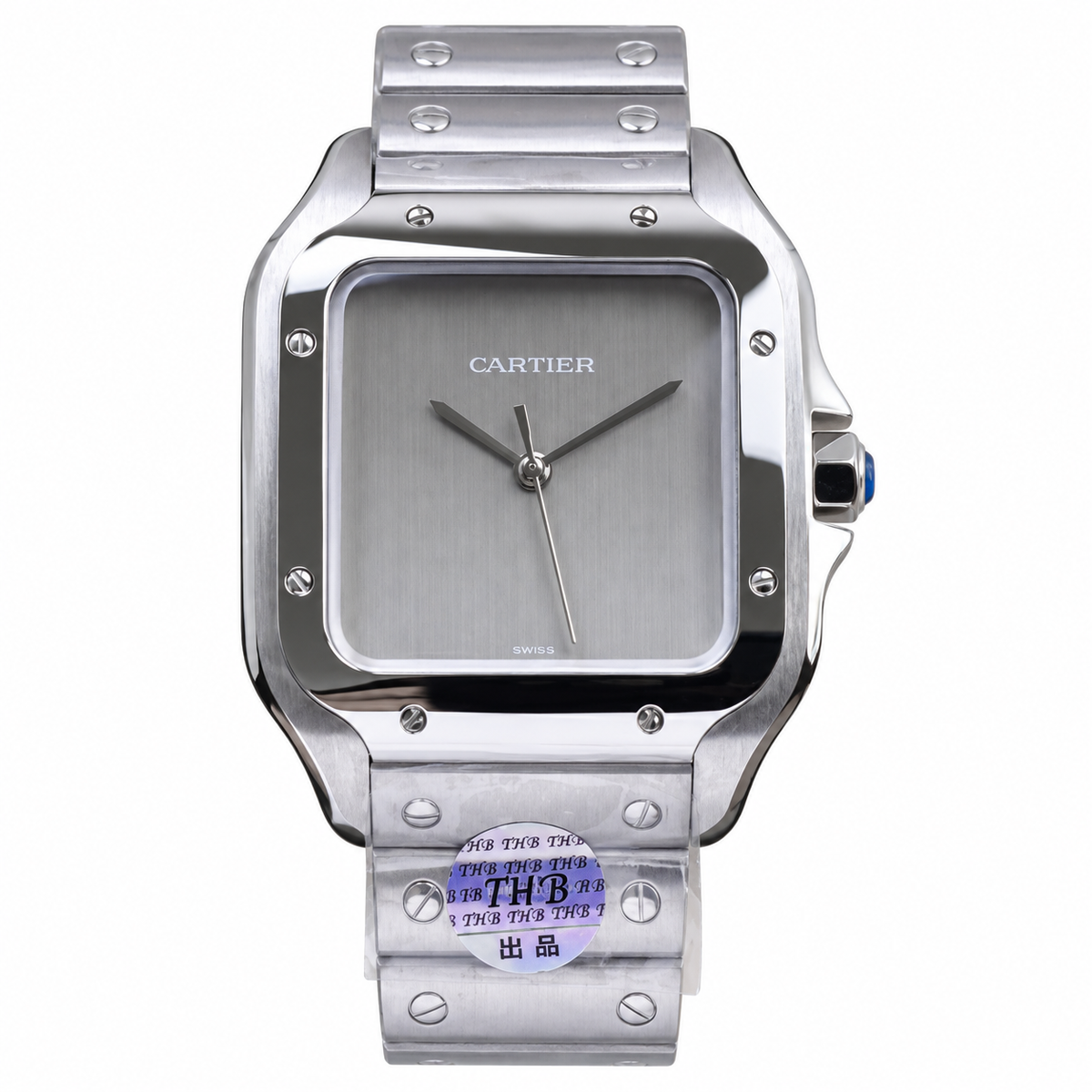 Cartier Santos de Cartier Large Fully Polished Stainless Steel Silver-Grey Lacquer Dial No Hour Markers Polished Hands Quartz Integrated Bracelet Watch