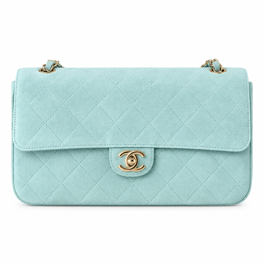 Chanel Classic Double Flap Jumbo Quilted Suede Mint Gold 32cm