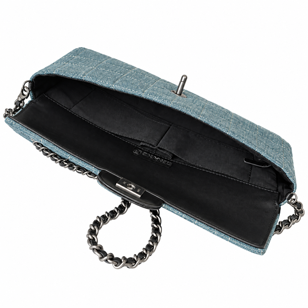 Chanel Denim Square Quilted East West Flap Bag Blue Ruthenium 26cm
