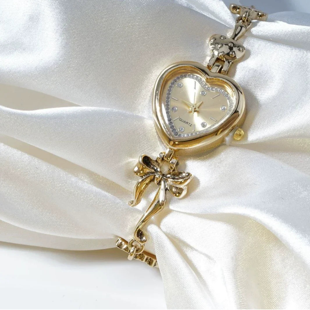 Women's Heart-Shaped Charm Bracelet Watch 37mm | Gold Fairy & Floral Chain Timepiece